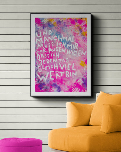 Kunstdruck „Liebes Ich“ von Natalie Irber – Inspirierender Spruch auf leuchtendem pinken Hintergrund. Fine Art Print mit handgeschriebenem Zitat für mehr Selbstliebe und Achtsamkeit. Erhältlich im Online-Shop als Wanddekoration oder Geschenkidee.